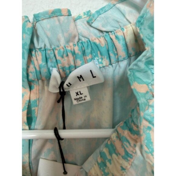 THML Judy Top Women XL Balloon Sleeve Mock Neck Button Back Blouse Pink Blue - Picture 2 of 7